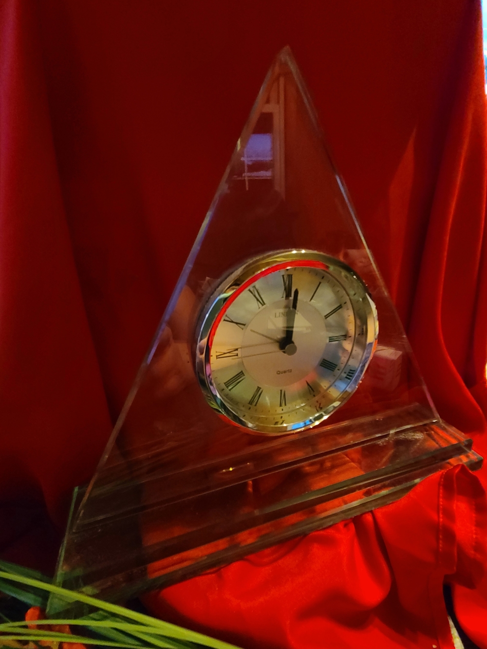 Vintage Clear Glass Triangle Clock with Silver Dial
